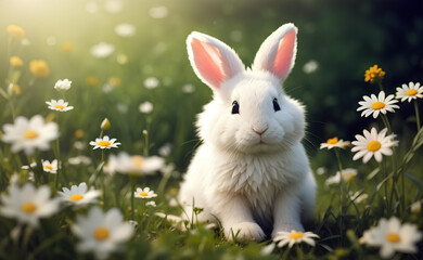 Cute white rabbit sitting in the daisies meadow.