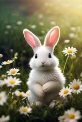 Fototapeta premium Cute white rabbit sitting in the daisies meadow.