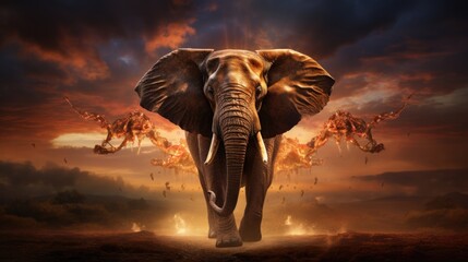 Surrealist background composition with a elephant.