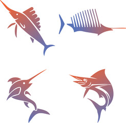 Sailfish Icons - A set of sailfish icons typically includes four different stylized representations of sailfish, a type of fish known for its high speed and distinctive sail-like dorsal fin. - obrazy, fototapety, plakaty