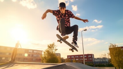 A skateboarder performing a vertical ramp trick - obrazy, fototapety, plakaty