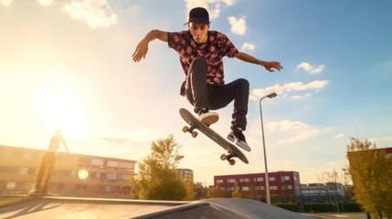 Foto auf Acrylglas A skateboarder performing a vertical ramp trick © mattegg