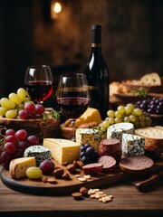 cheese on a slate serving board, closeup. Dairy products. Cheese Selection. food assortment on dark background