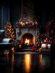 Christmas tree, fireplace in living room with gifts and decorations