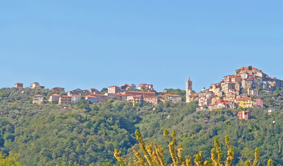 View on the beautiful mountain village Vezzano Ligure near La Spezia in Liguria, Italy on a bright autumn day