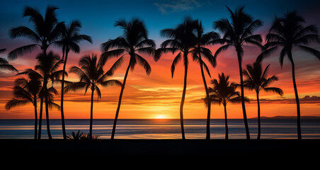 A sunset with palm trees and the ocean in the background