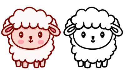 Cute Sheep doodle style vector illustration, Cute ewe or ram cartoon style colored and black and white line art for coloring book stock vector image