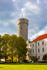 Long Herman tower and Governor's garden with parliament building (Riigikogu) in old town, Tallinn,...