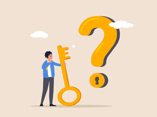 Wisdom or understanding concept. Key to unlock answer for problem and questions, solution or reason to solve problem, smart businessman holding golden key to unlock keyhole on question mark sign.