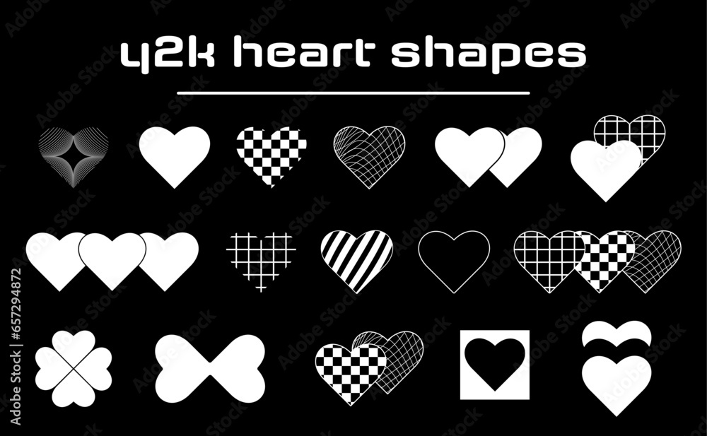 Poster set of aesthetic y2k heart shapes. simple trendy black and white geometric retro shapes. vector illu