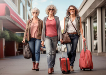 Three senior female friends on vacation, walking around the city with suitcases