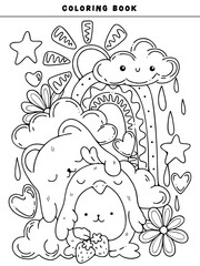 coloring book with animals Cute Adult coloring page doodles, sketch coloring book for relaxing. Vector design. Cake, animals, candy, fruit, pineapple, heart, kawaii, star, rainbow fot kids