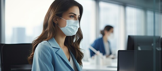 Woman entrepreneur applying adhesive notes on whiteboard in office while wearing a face mask With copyspace for text