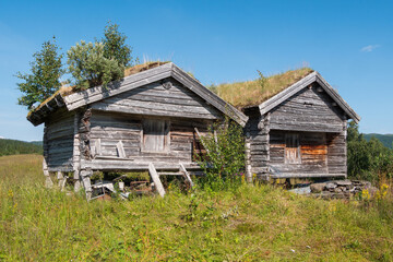 Fototapeta na wymiar Old wooden barns with traditional grass roof of the historical farm Leipikgarden in the north of Jämtland, Sweden