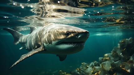 A shark swims in the ocean in search of food. An animal wounded by a net in the water. Dangerous...