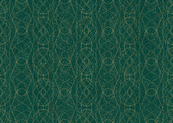 Hand-drawn unique abstract symmetrical seamless gold ornament and splatters of golden glitter on a dark cold green background. Paper texture. Digital artwork, A4. (pattern: p10-1c)