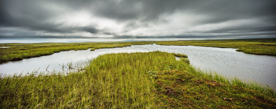 Panorama of a fj&auml;ll landscape with lakes and swamps at Flatruet, Zweden