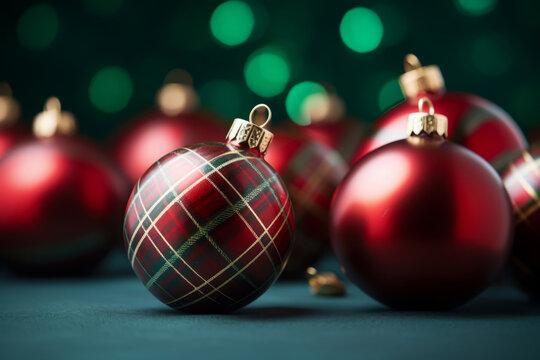 Christmas balls tartan plaid design. Seasonal background with decor in green and red colors. Generative AI