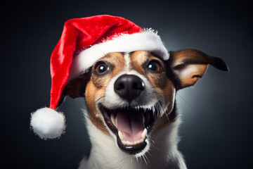 Cheerful jack russell terrier with a Christmas hat on his head. Generative AI - obrazy, fototapety, plakaty