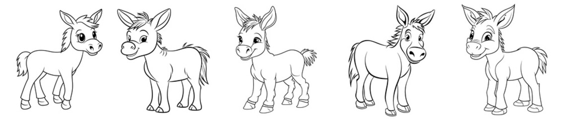 Cute donkey, simple thick lines kids or preschool children cartoon coloring book pages. Generative AI