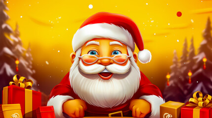 Cartoon santa claus with red hat and glasses sitting at table.