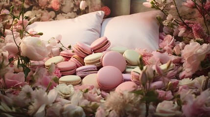  a bunch of macaroons are laying on a bed of flowers.  generative ai