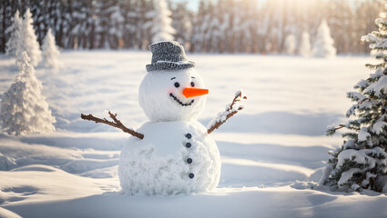 Cute snowman on a snowy meadow