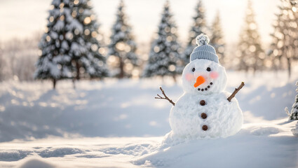 Cute snowman on a snowy meadow