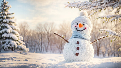 Cute snowman on a snowy meadow