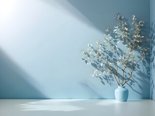 light blue background for product presentation with white light coming from a window. plant in vase on the ground. product wall mock up.