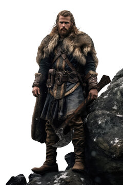 Mighty Viking Battler with Battle Axe -  Isolated transparent PNG of a Norse Fighter in Fur and Armor. long hair and beard. odin, thor, loki, freyr, tyr, baldur, heimdall, fenrir, ymir