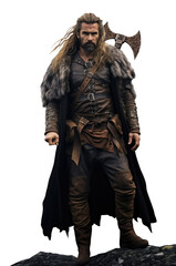 Majestic Norseman in Fur Garb and Armor Holding Weapons - High-Quality Isolated PNG Photo of a Viking Hero with Sword and Axe. long hair and beard. odin, thor, loki, freyr, tyr, baldur, heimdall - obrazy, fototapety, plakaty