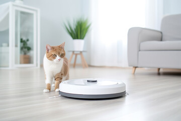 Vacuum hoover cleaning machine robot on schedule in a living room with cute kitty. Smart home concept