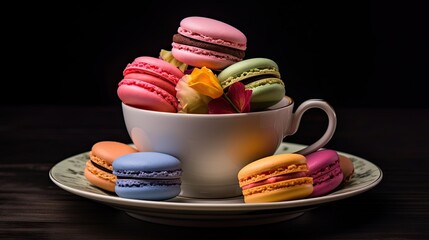  a cup filled with macaroons sitting on top of a plate.  generative ai