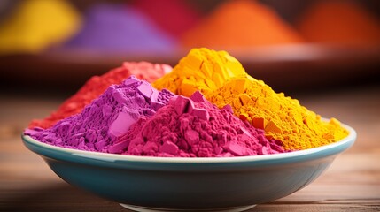 Holi Festival color powder. organic gulal colors in bowl 25th March Generative AI
