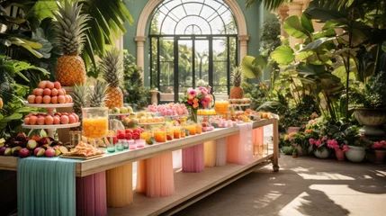 Fototapeten Vibrant tropical theme with colorful decorations and fruit displays © olegganko