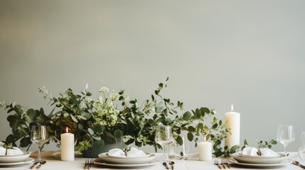 Minimalist white and green tablescape with eucalyptus and candles