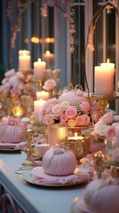 Cozy pink and gold setup with floral accents and desserts