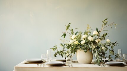 Minimalist white and green tablescape with eucalyptus and candles