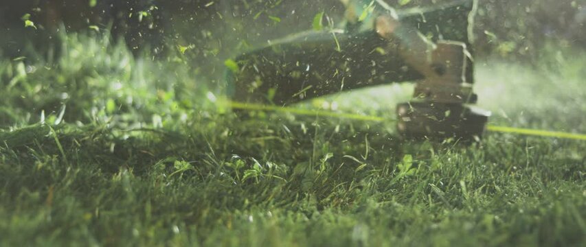 Close-up view of grass mowing with an electric trimmer in slow-motion. Mow the grass in the summer in the country