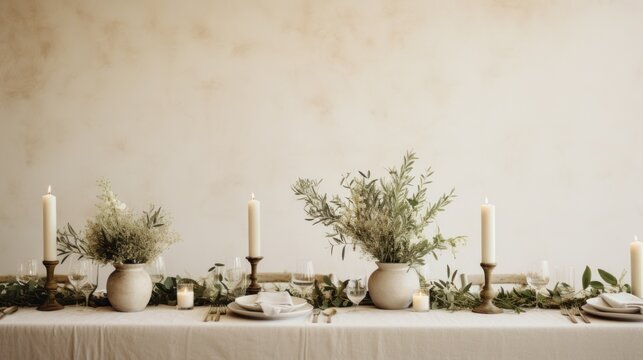 Minimalist white and green tablescape with eucalyptus and candles
