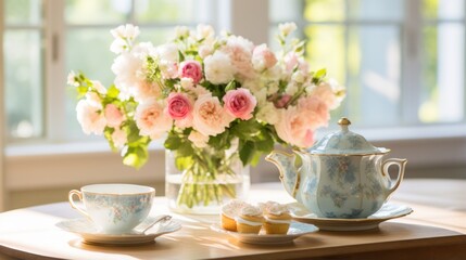 Fototapeta na wymiar Vintage-inspired tea party with delicate china and floral centerpieces