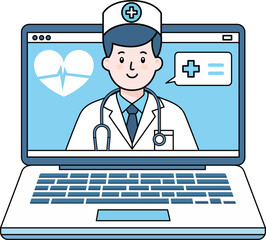 Telemedicine concept, online doctor channeling or consulting on a laptop computer vector illustration, doctor or a Medicare officer giving online counseling, doctor on a computer screen stock vector i