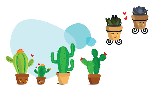 Set of isolated potted cacus and plants