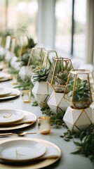 Modern geometric setup with gold accents and succulent favors