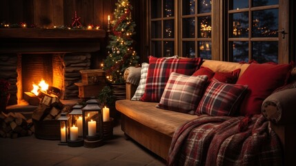 Fototapeta na wymiar Cozy living room with Christmas tree, stockings, and fire crackling