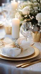 Fototapeta na wymiar Elegant gold and white table setting with wreath and candles