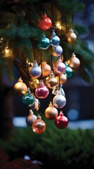 Colorful ornaments and lights on evergreen tree in outdoor setting