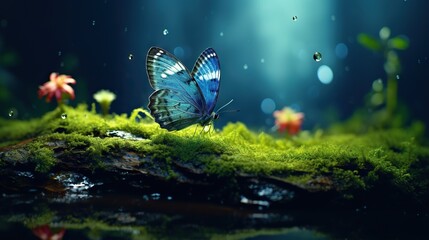 Obraz na płótnie Canvas a blue butterfly sitting on top of a moss covered ground. generative ai