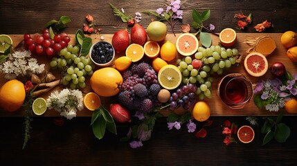  a wooden table topped with lots of different fruits and vegetables.  generative ai